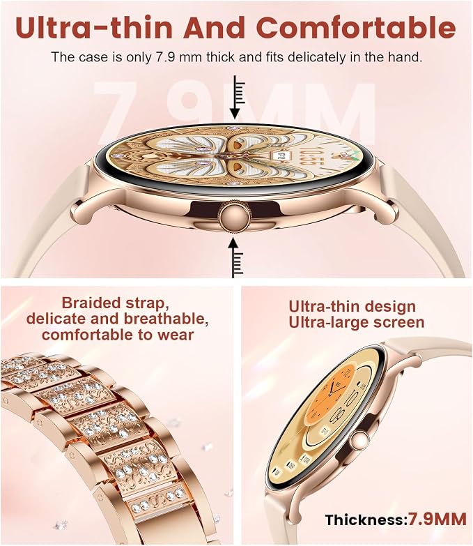 LIGE Ultra-Thin Smart Watch for Women,1.43" Always-on Display Smart Watch with Bluetooth Call,Health Tracker 100+ Sports Modes, Mutifuction Women Smartwatch for Android iOS 2 Straps(Gold)