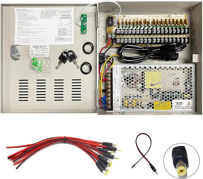 18 Port 20 Amp High Power Security CCTV Camera Access Control Power Distribution Box 12V DC PTC Protection, with 18 Pcs. DC Male Pigtail