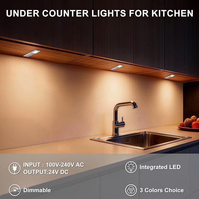 Under Counter Lights for Kitchen, Plug in Linkable LED Dimmable Hard Wired Under Cabinet Lighting for Kitchen Counter Closet, 3000K/4000K/5000K, 0.28 inch Ultra Thin, 3-in-1, Silvery, ETL