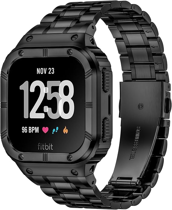 BAITEYOU Stainless Steel Watch Band with Case Compatible for Fitbit Versa/Fitbit Sense Bands, Rugged Protective Bumper Metal Wristbands for Men Women