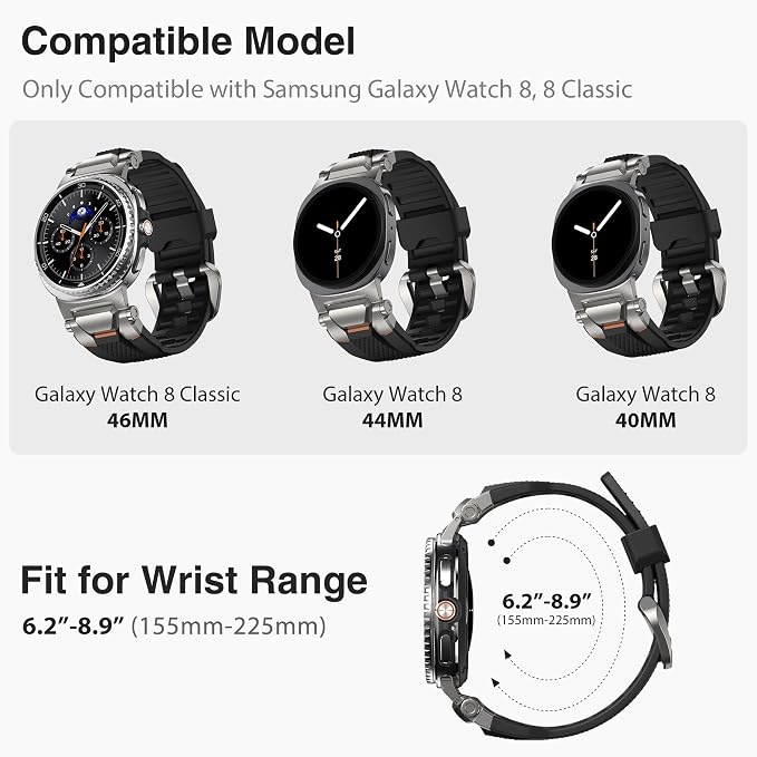 ULTIMAL Rugged TPU Sport Band ONLY for Samsung Galaxy Watch 8 Classic & Galaxy Watch 8 (40/44/46mm), Replacement Strap with Secure Connector, Waterproof Sweat-Resistant, Fit 6.2”-8.9”(Black+Silver)