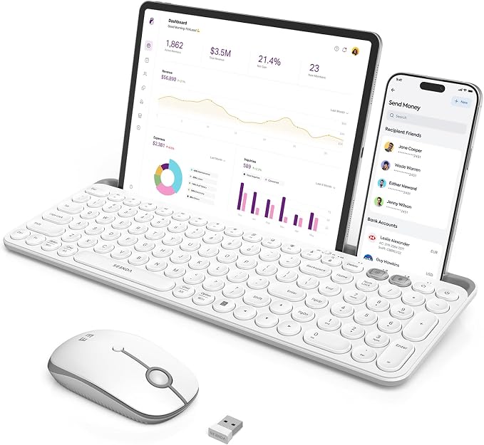 seenda Bluetooth Keyboard and Mouse for iPad, CTU-301 Wireless Multi-Device Connection Bluetooth+2.4G Keyboard Mouse Combo with Tablet Holder for iPad/MacBook/Windows, iOS/Android/Phone, White