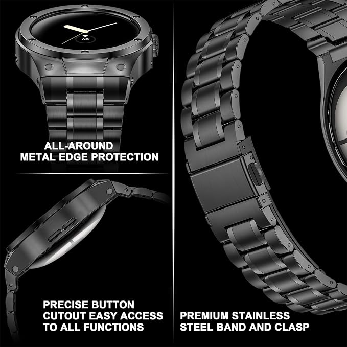 SUPLINK Metal Case and Band Compatible with Google Pixel Watch 3 45mm Bands Men, Stainless Steel Protective Rugged Case Adjustable Replacement Wristbands for Pixel Watch 3 45mm - Spacy Grey