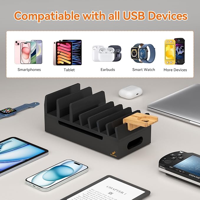 Bamboo Charging Station with Watch Stand, Docking Holder for Multi Device with 5 Charge Cables, Desktop Dock Stations Electronic Organizer for Cellphone, Tablet, Watch(No USB Charger)-Black