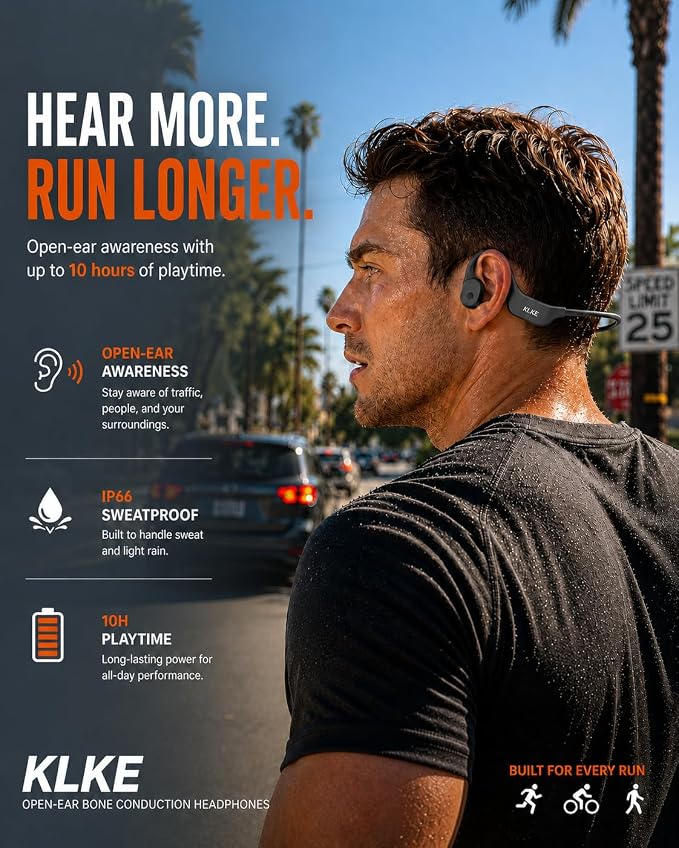 Open-Ear Bone Conduction Headphones for Running, Bluetooth Sports Headphones with Rear Safety Light, Dual Modes, Adjustable Fit, IP66 Waterproof, Mic, 10H Playtime for Gym Cycling