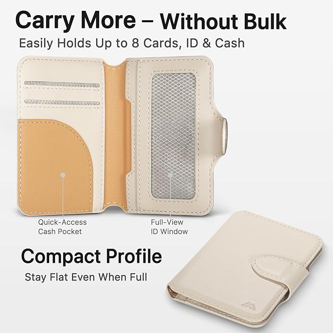 for MagSafe Wallet, Magnetic Phone Wallet RFID Blocking, Slim 5-8 Card Holder with Cash Slot & Clear ID Window, Minimalist Mag Safe Wallets for iPhone 17/16/15/14/13/12 Series, Oatmeal Beige