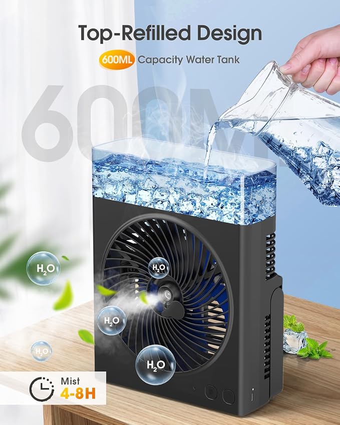 JINLICTE Portable Misting Fan,【Max 30H Runtime】 8-Inch Rechargeable Water Cooling Mist Fan with 600mL Water Tank, Quiet USB Battery Powered, Perfect Cooling for Camping Home Outside Office
