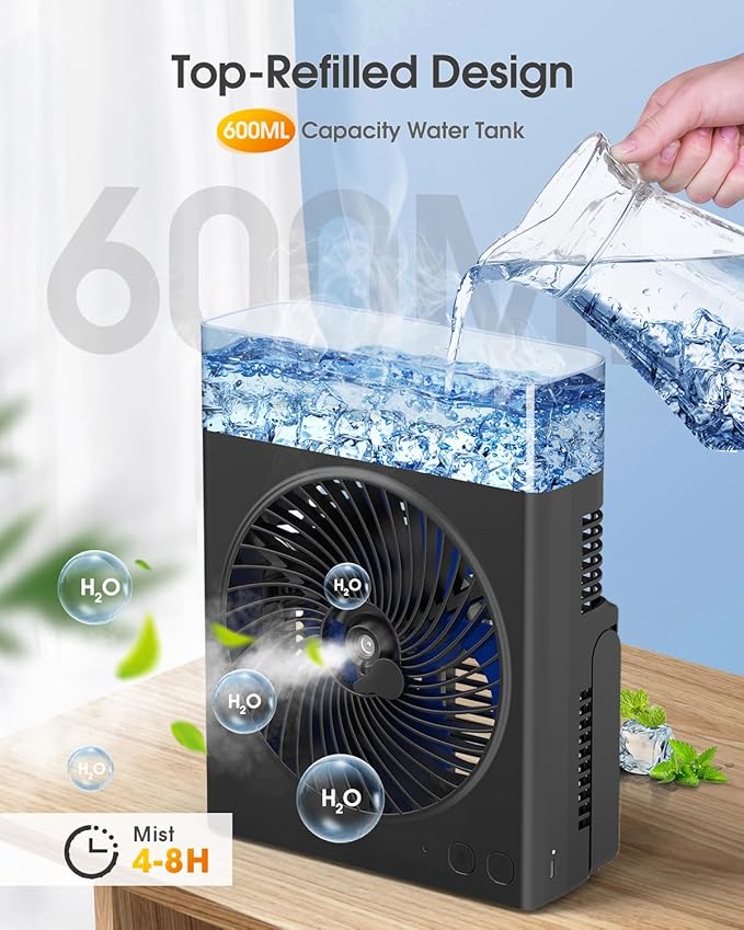 JINLICTE Portable Misting Fan,【Max 15H Runtime】 8-Inch Rechargeable Water Cooling Mist Fan with 600mL Water Tank, Quiet USB Battery Powered, Perfect for Camping Home Outside Office Travel