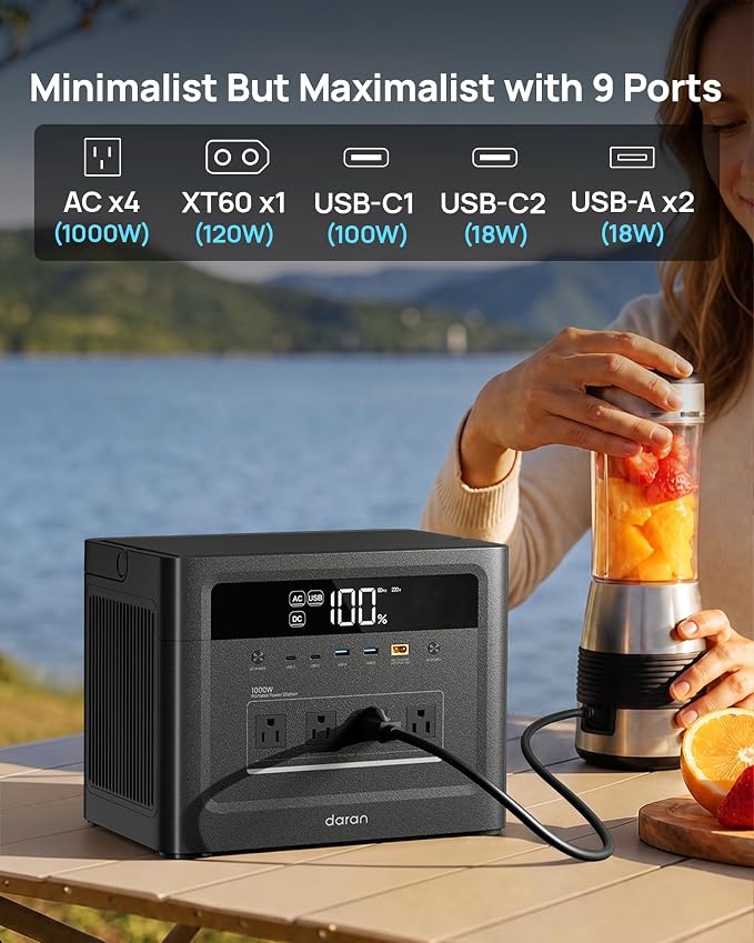 DaranEner 2026 Portable Power Station 960Wh LiFePO4 Battery, 1000W AC/USB-C PD 100W Output, 1 Hr Fast Charge, Solar Generator for Home Backup, Camping, Emergency, RV, Off-Grid Living (Surge 200W)