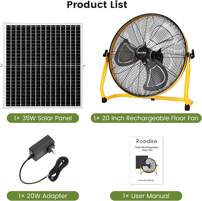 20" Solar Rechargeable Floor Fan, 35W Solar Powered Battery Operated Fans for Outdoor Garden Greenhouse Barn Stable Camping Garage Air Circulation Cooling