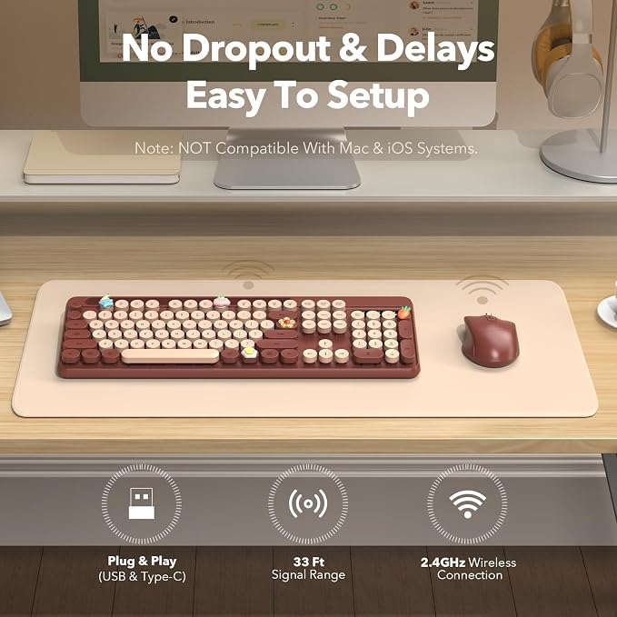 Wireless Keyboard and Mouse Combo, Retro Round Keycaps, Full-Size Cute Typewriter Keyboard with Large Phone/Tablet Holder, Auto-Sleep, 2.4GHz Cordless Connection for Windows/PC/Laptop (Wine Red)