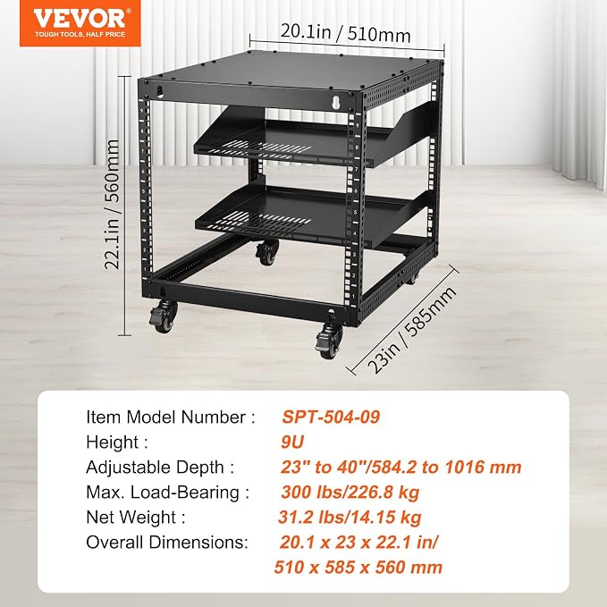 VEVOR 9U Open Frame Server Rack, 23''-40'' Adjustable Depth, Free Standing or Wall Mount Network Server Rack, 4 Post AV Rack with Casters, Holds All Your Networking IT Equipment AV Gear Router Modem