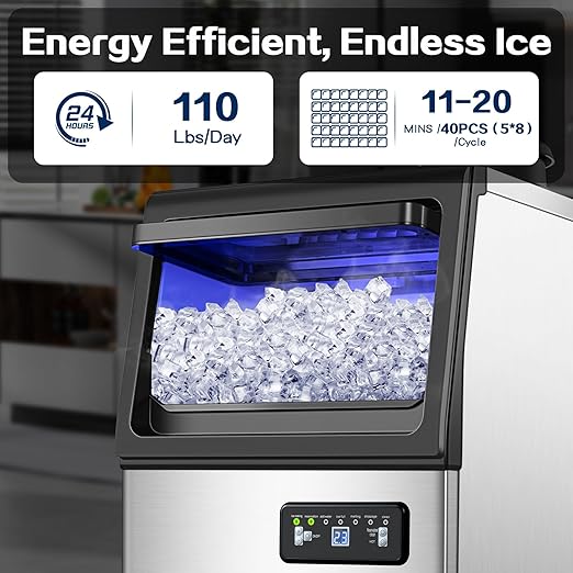 Commercial Ice Maker Machine 110LBS/24H, Undercounter or Freestanding Ice Machine with 22LBS Storage Bin, Stainless Steel Self-Cleaning for Home, Bar, Restaurant, Coffee Shop
