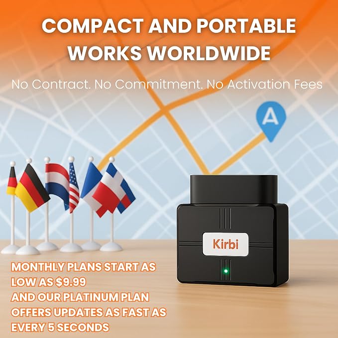 Kirbi OBD Tracker, GPS Tracker for Vehicles Real-Time Tracking, Worldwide Compatible Vehicle Tracker, Lightweight and Compact Car GPS Tracker, Plug-and-Play