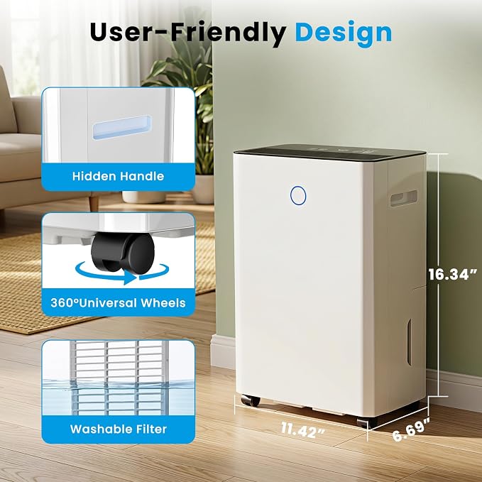 COWSAR Dehumidifier, 85OZ Dehumidifier for Home, Quiet Dehumidifier with Drain Hose, 24H Timer, 3 Modes, Touch Panel, Auto Shut Off & Defrost, Ideal for Basement, Bathroom, Bedroom