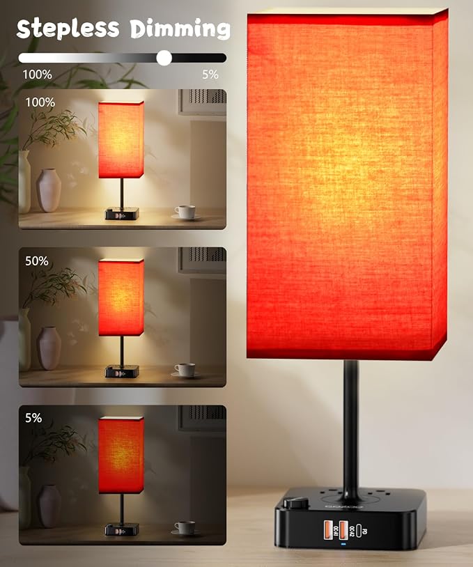 Bluetooth/WiFi RGB & USB Bedside Table Lamp with 3 USB Charging Ports 2 Outlets Power Strip, LED Light Bulb Dimmable, Music Sync Color Changing Light (RGB - Red Shade)