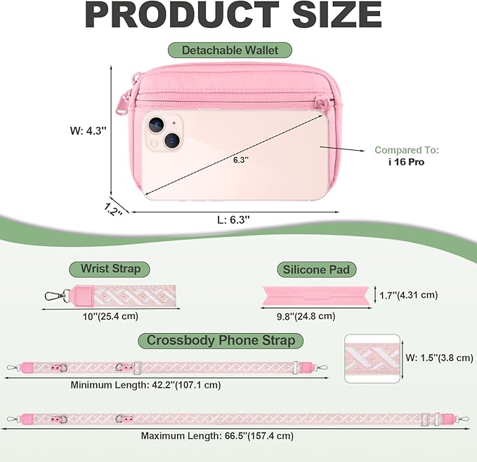 YFWE Clip and Go Strap for Phone with Wallet Crossbody, Adjustable Phone Lanyard with Detachable RFID Wristlet Wallet, Pattern Strap, Pink(M)