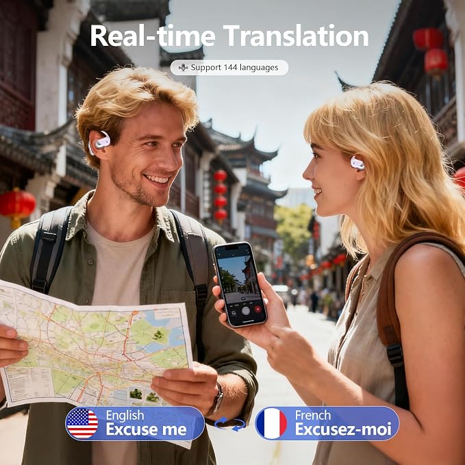 Open Ear Bone Conduction Headphones，,Over Ear Earbuds with Ergonomic Earhook,Bluetooth Headphones 5.4 with Smart Digital Display,50H Playtime AI Translation Earbuds Real Time