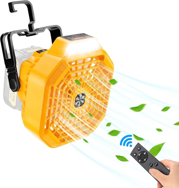 Taingwei Portable Fan with Remote for Dewalt 20v 60v Battery,Battery Operated Fan with 3 Energy Efficient Speed Settings and Dimmable Led Light for Camping,Emergency and Job Site(Tool Only)