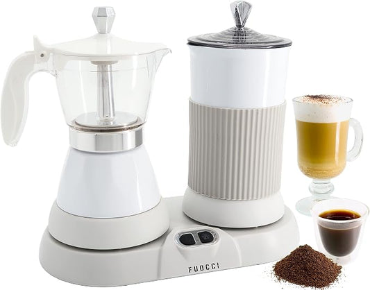 FUOCCI Electric Moka Pot with Milk Frother – 3-Cup (150 ml) Modern Espresso Maker for Coffee, Cappuccino, Latte, Mocha & Cuban, White