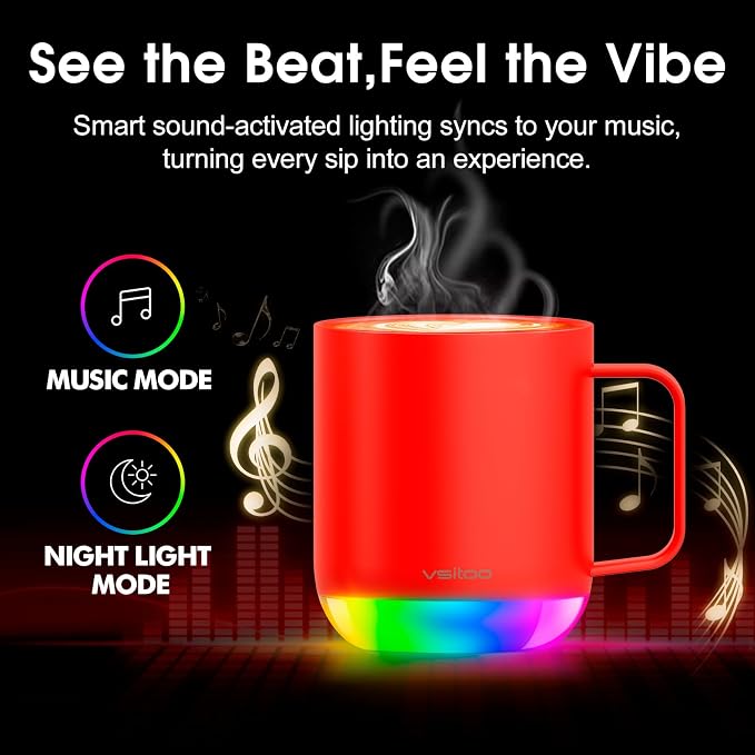 Vsitoo S6 Plus 12oz Smart Self Heating Coffee Mug, AI Auto-Sensing Heated Espresso Mug Temp Control 120-150℉, Rechargeable Mug Warmer with Music LED, IPX7 Gift for Women Men-Red