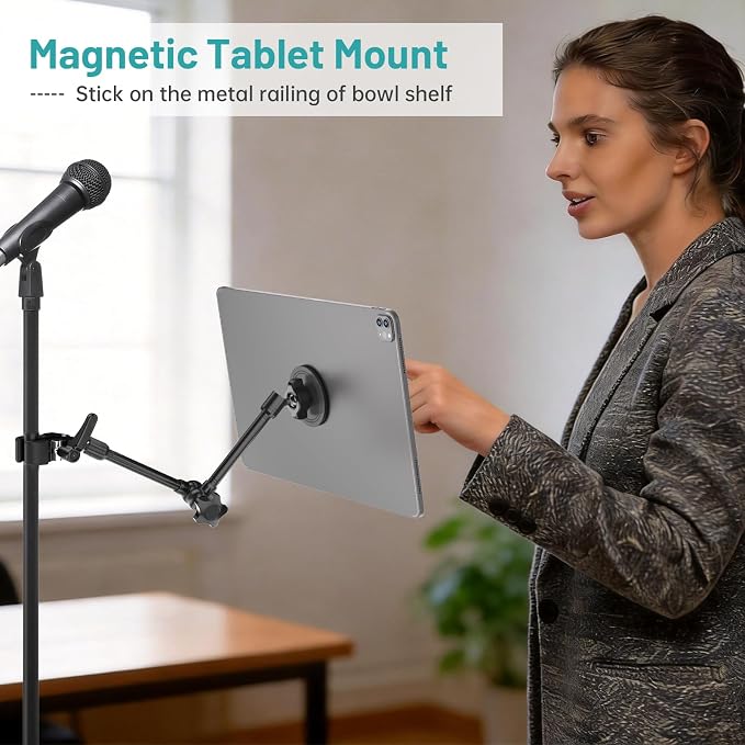 Magnetic iPad Holder for Microphone Stand / Music Stand,Tablet Mount Compatible with MagSafe 4.7~13.5" iPad /Pro/Mini/Air,Galaxy Tab,Nexus,e-Reader,iPhone,360°Adjustable 10" Long Aluminum Alloy Arm