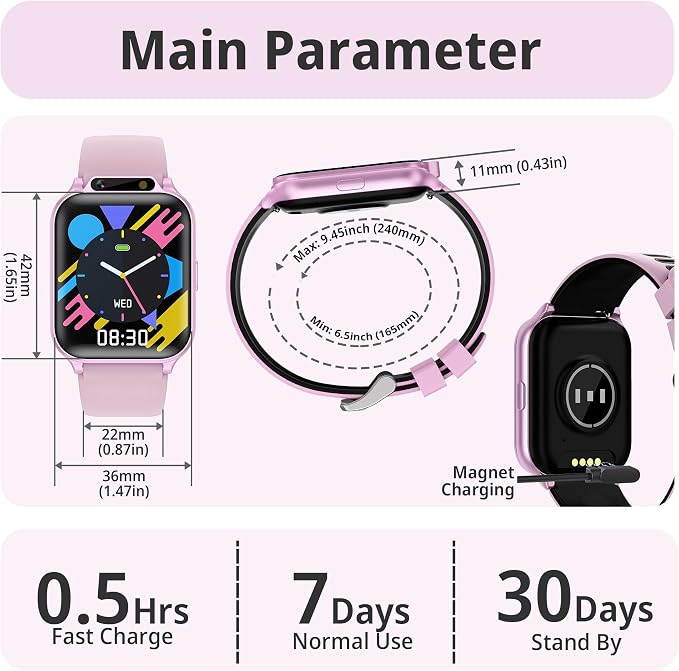 Kids Waterproof Smart Watch Girls with Fitness Tracker Sports Activity Pedometer Heartrate SpO2 Stress Monitor Flashlight APP HD Touch Screen Camera Games Music for 4-13 Year Old Girls Gifts for Kids