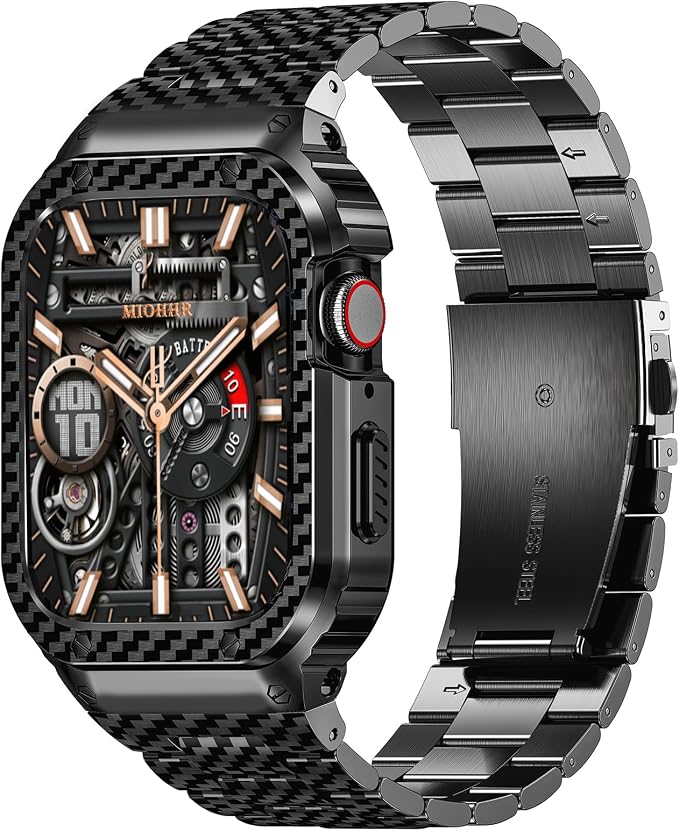 MioHHR Stainless Steel Band and Case Compatible with Apple Watch Band 41mm 40mm 38mm, Men Metal Protective Bumper Cover for iWatch Series 9/8/7/6/5/4/3/2/1/SE/SE2/SE3, Black Pattern