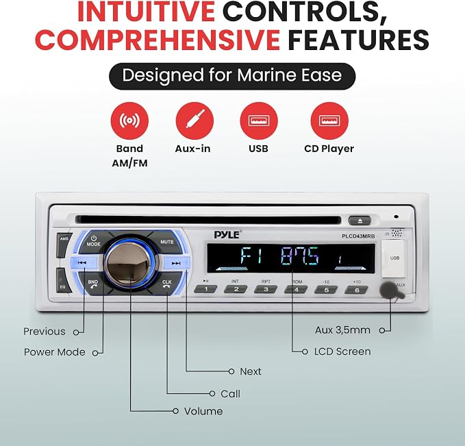 Boat Bluetooth Marine Stereo Receiver - Marine Head Unit Din Single Stereo Speaker Receiver - Wireless Music Streaming/Hands-Free Calling/CD Player/MP3/USB/Aux/ Marine AM FM Radio - Pyle PLCD43MRB