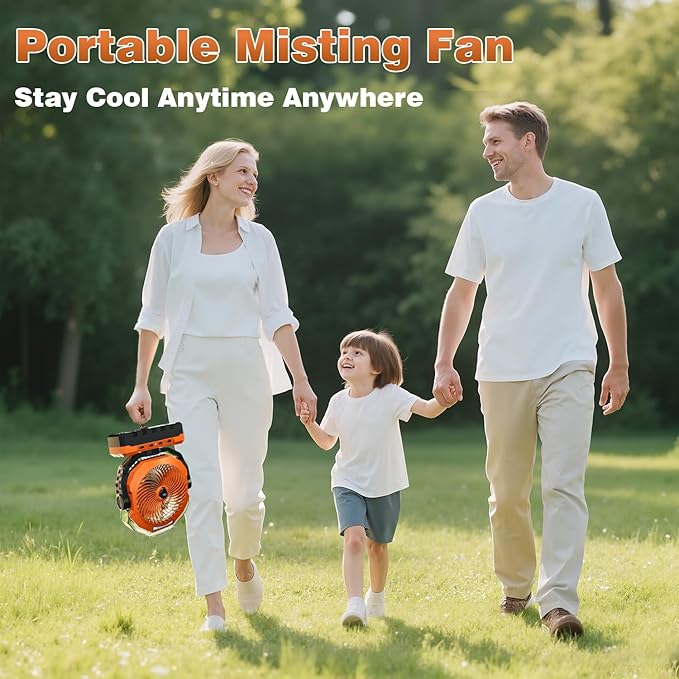 460ml Tank Portable Misting Fan,36000mAh Rechargeable Battery Powered Camping Fan with 4 Speeds,3 Timers,2 Light Modes,Jobsite Beach Summer Essentials,Mist Fan for Indoor Outdoor Patios Travel,Orange