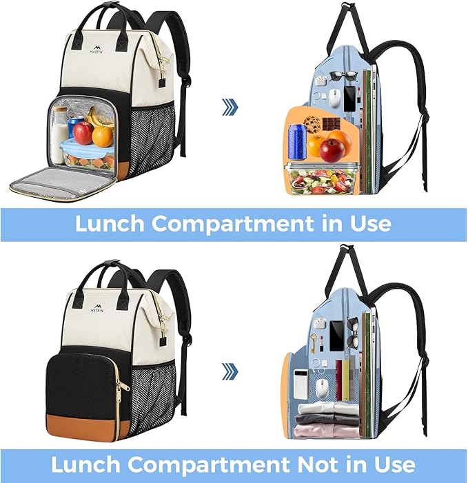 MATEIN Insulated Lunch Backpack for Women, 15.6 Inch Work Laptop Backpack with Lunch Compartment, Water-Resistant College Computer Backpacks Meal Prep Lunch Bag Gifts for Nurse Teacher Office Picnic
