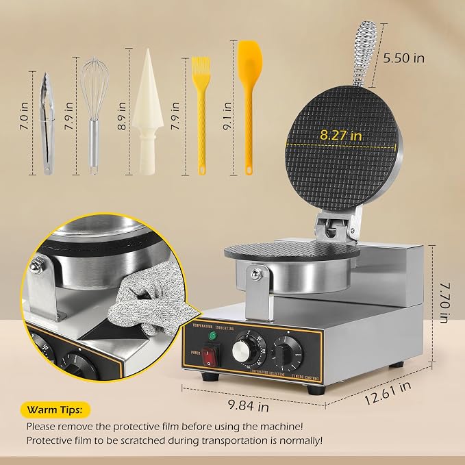 Dyna-Living Commercial Ice Cream Cone Machine Waffle Cone Maker 110V Electric Stainless Steel Egg Roll Mold Nonstick Waffle Cone and Bowl Maker for Home Restaurant Use 1200W