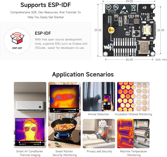 Waveshare ESP32-S3 IR Thermal Imaging Camera Module, Type-C Port, 80×62 Pixels, 90 ° Field of View Angle