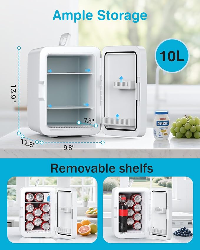 Antarctic Star Compact Mini Fridge, 10L Portable Small Refrigerator, 2.6 Gal Desktop Fridge with AC/DC Adapters, Small Cosmetics Cooler for Beverage, Food, Makeup, Bedroom, Office, Dorm, White