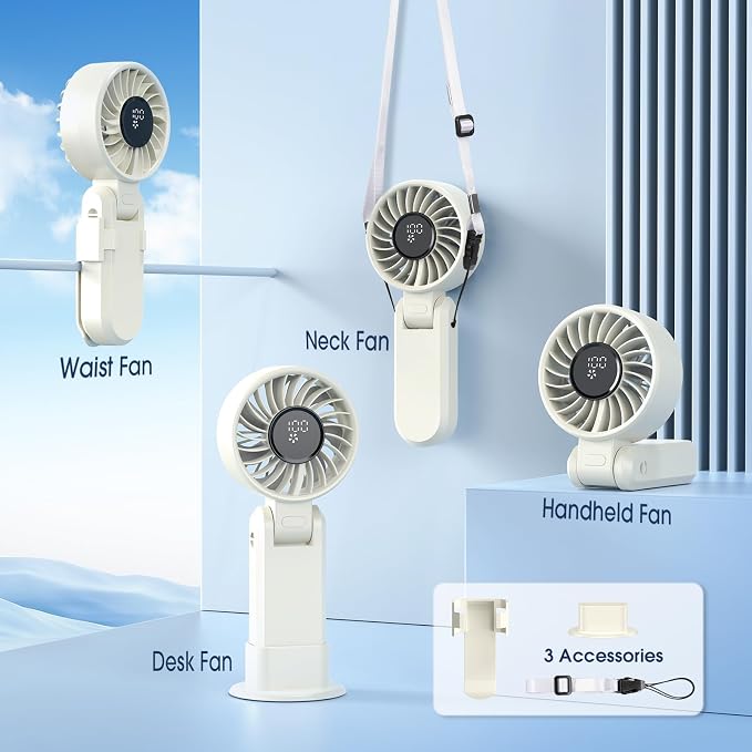 【5200mAh】Portable Handheld Fans for Travel, High-Speed Motor, Rechargeable Hand Held Fan, 5 Speed,180°Foldable, Small Personal Fan,4-IN-1 Hand/Desk/Waist/Neck Fans,Summer Beach Travel Essentials