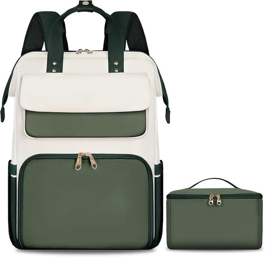 BERTASCHE Lunch Backpack for Women, 15.6 Inch Laptop Backpack with Insulated Cooler Lunch box, Nurse Backpack for Teacher Work Travel College Picnic,Green-Beige