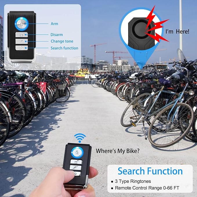 4Set Vibration Sensing Bike Alarm with Remote, 113db Loud Bicycle Alarm System Anti Theft, Wireless Motorcycle Alarm for Electric Bike Tricycle Mobility Scooter Vehicles Ebike for Cycling Security