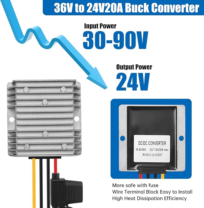 30-90V to 24V 20A 480W Waterproof DC-DC Buck Converter with Fuse | Voltage Converter For Automotive, LED Lights, Construction Sites, Tool