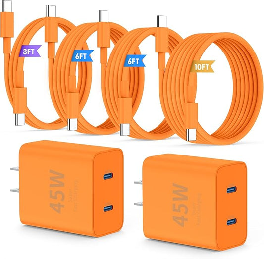 QZIIW Super Fast Samsung Charger Type C,45W Dual Port USB C Fast Charger Block [2-Pack] & Extra Long 60W 3/6/6/10FT USB C Cable - PD Quick Charging 3.0 for Samsung Galaxy S25 Ultra/S24+/S23 iPhone 17