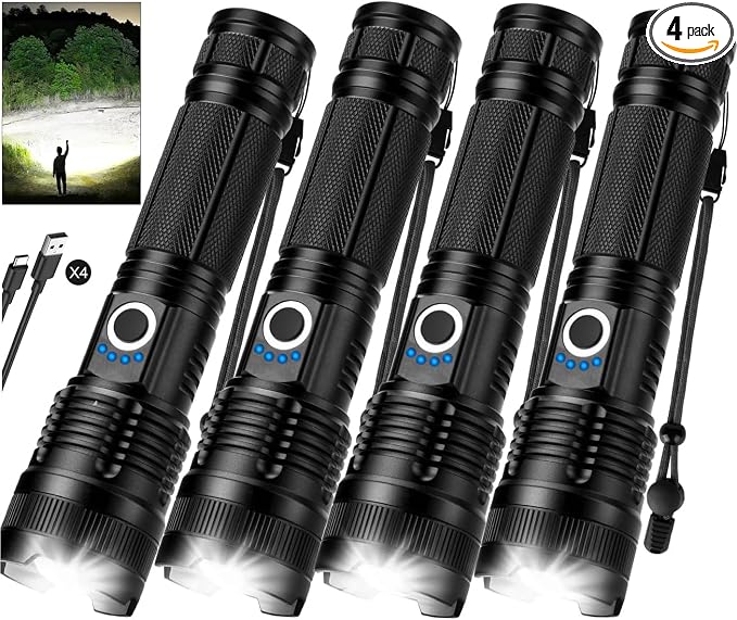 Kmivo 4-Pack Rechargeable Flashlights High Lumens - 990,000 LM Super Bright Adjustable LED Flashlight, Waterproof with 5 Modes - Ideal for Camping, Hiking & Outdoor Adventures