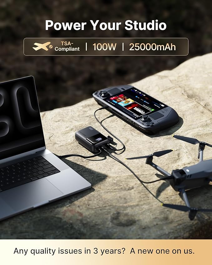 INIU 100W Fast Charging Power Bank, Smallest 25000mAh High Capacity Laptop Portable Charger, 3-Port Battery Phone Pack with Detachable USB C Cable for Travel, Camping, LongTrip, Metallic Silver