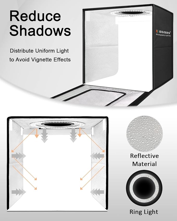 DUCLUS Light Box Photography, 16x16 Inch Photo Light Box with 160 Dimmable LED Lights (CRI 97+), 6 PVC & 2 Paper Backdrops, Portable Studio Box for Product Photography: Jewelry, Food, Shoes