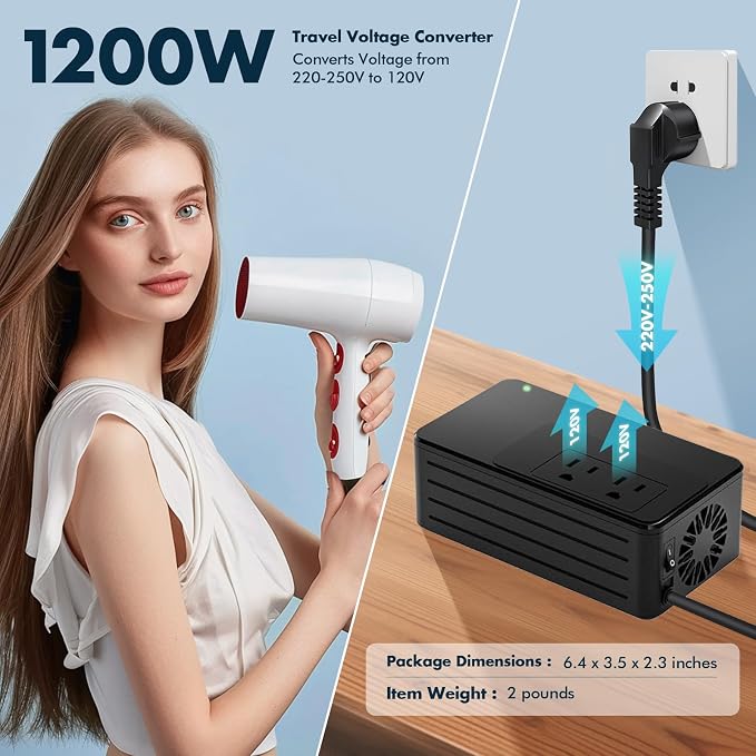 1600W 220V to 110V Voltage Converter, Power Any American Appliances in 220-250V, No Limitations, Plug & Play, Universal Power Adapter Voltage Converter US to Europe International Travel