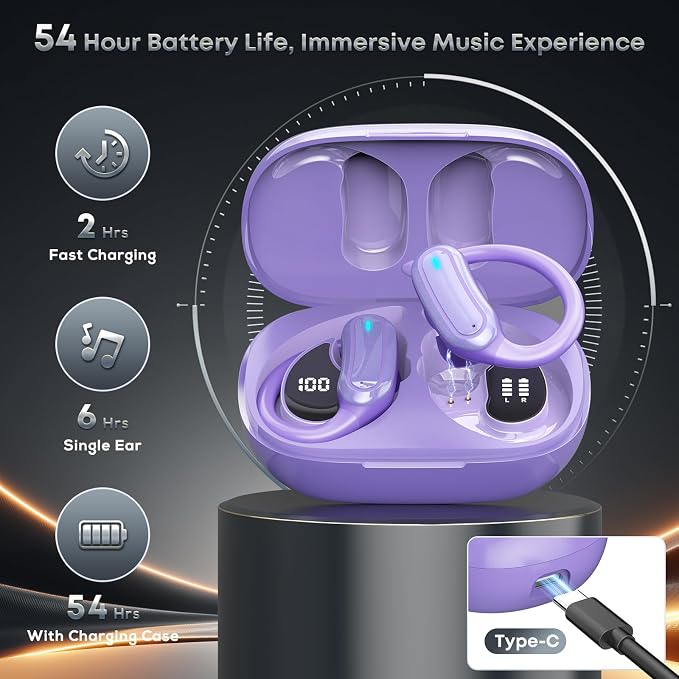 TRAUSI Wireless Earbuds Bluetooth Headphones, 54H Playtime Stereo Over Ear Buds with ENC Noise Cancelling, LED Power Display, IPX7 Waterproof Sport Earphones wih Earhooks for Running/Workouts Purple