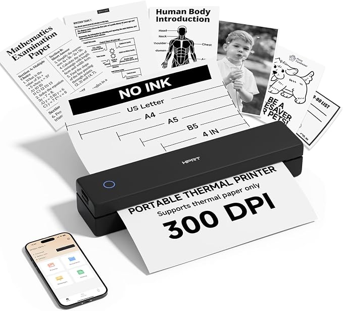 HPRT Inkless Portable Printer Wireless for Travel,Thermal Printer Supports 8.5" x 11" US Letter&A4&A5,Compatible with iOS,Android, Laptop, MT610 Pro,300 DPI,Black