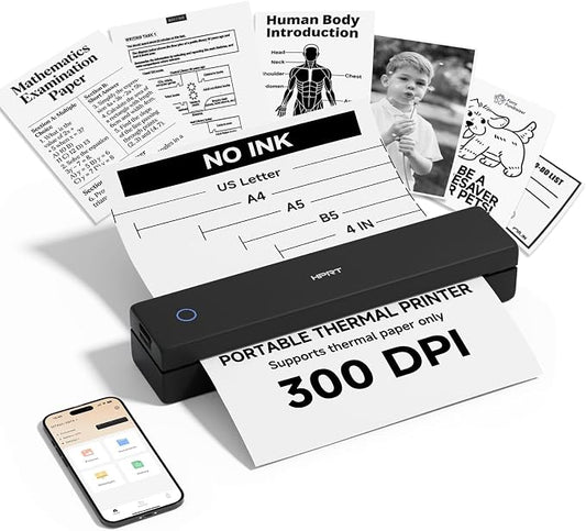 HPRT Inkless Portable Printer Wireless for Travel,Thermal Printer Supports 8.5" x 11" US Letter&A4&A5,Compatible with iOS,Android, Laptop, MT610 Pro,300 DPI,Black