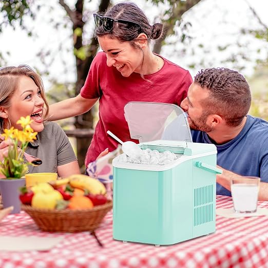 Ice Makers Countertop, Portable Ice Machine with Handle, 6 Mins 9 Bullet Cubes with Basket and Scoop, 26lbs in 24Hrs, Auto-Cleaning, for Home, Kitchen, RV, Camping, Green