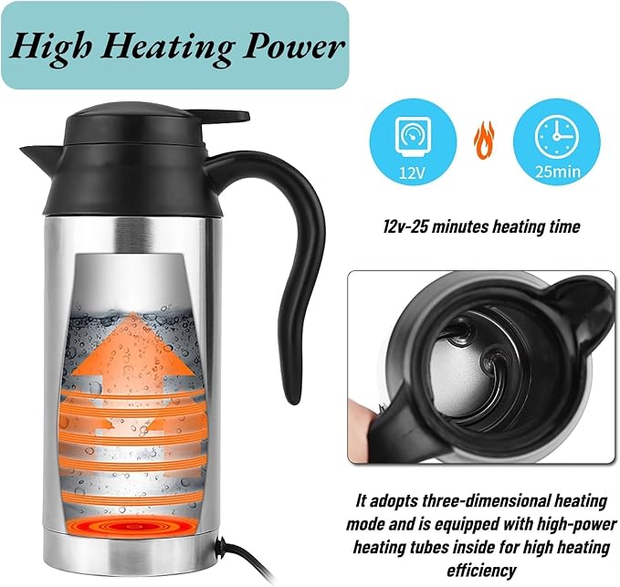 750ml Portable Electric Travel Bottle Car Electric Kettle for Heating Water Coffee Milk Tea Stainless Steel Car Water Boiler (12V Car Water Heating Kettle)