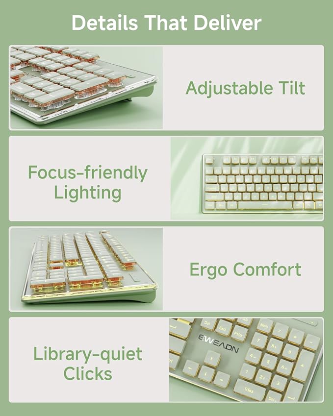 SEUNKWANG V3 Wireless Keyboard and Mouse Combo, Bluetooth/2.4G Rechargeable Light up Quiet Computer Keyboard and Mouse with White Backlit, Metal Panel Cute Keyboards-Green