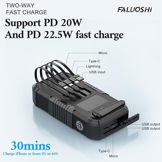 Solar Power Bank, 66800mAh, Hand Crank, 22.5W USB-C Fast Charging, 6 Outputs & 4 Inputs, SOS/Strobe/Compass, for Camping/Hiking/Trips (Black)